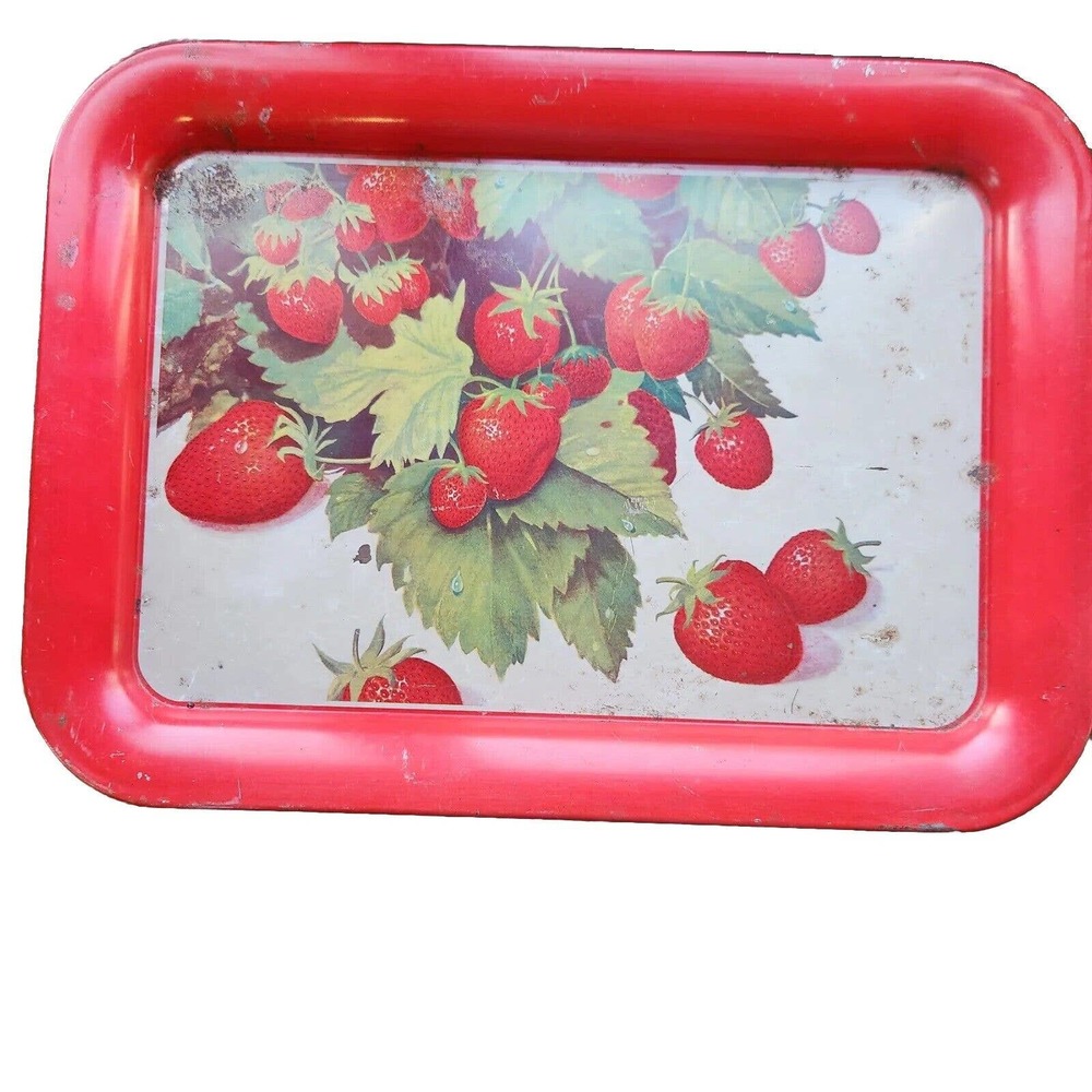 Vintage 1950-60s Tray Strawberry 14x9 Metal Shabby Chic Farmhouse